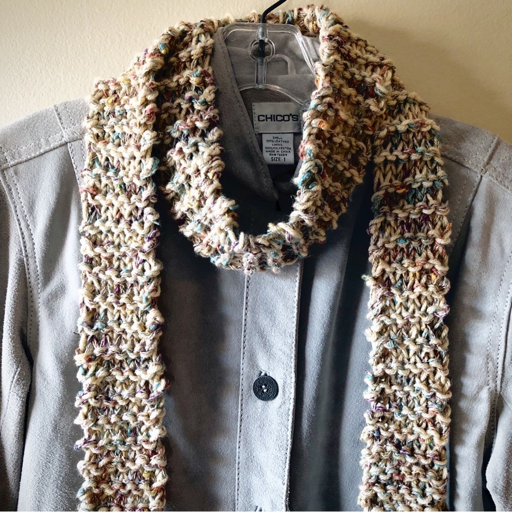 Knitted Scarf Handmade Multi Color Linen Viscose Cotton Acrylic Skinny Fringe